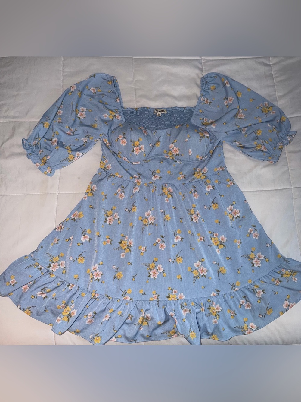 Light Blue Floral Puff-Sleeve Dress - XL